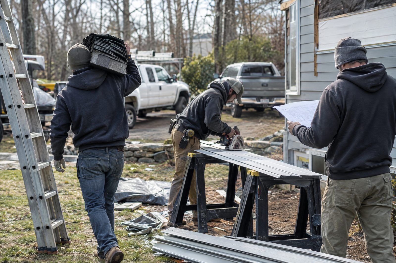 Home improvement crew carrying shingles and cutting siding on a residential job site