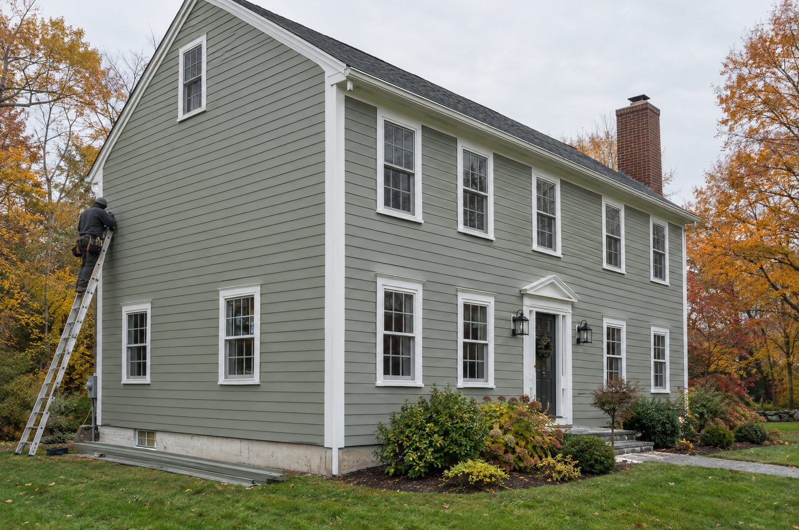 Colonial home with newly installed gray fiber cement lap siding and white trim