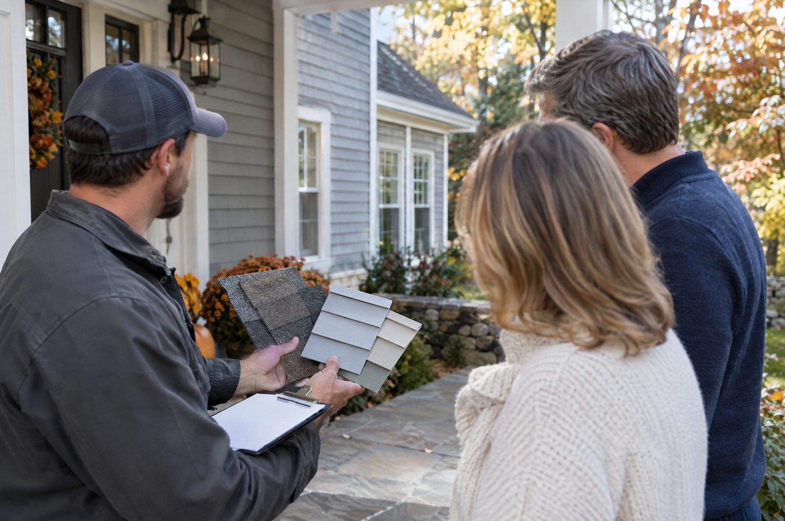 Contractor reviewing shingle and siding samples with homeowners on a front porch