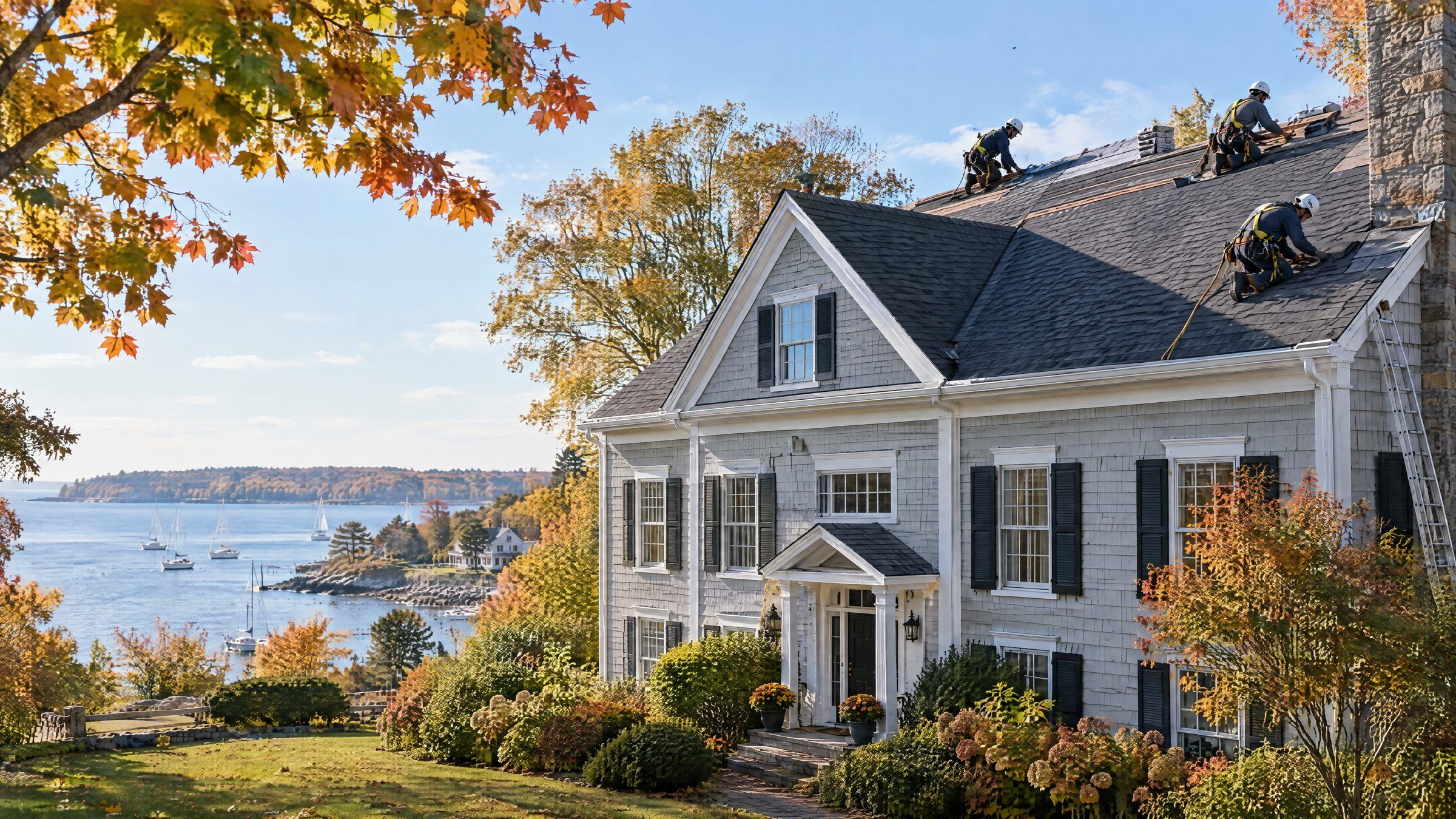 Roofing crew installing new architectural shingles on a two-story colonial home in Connecticut