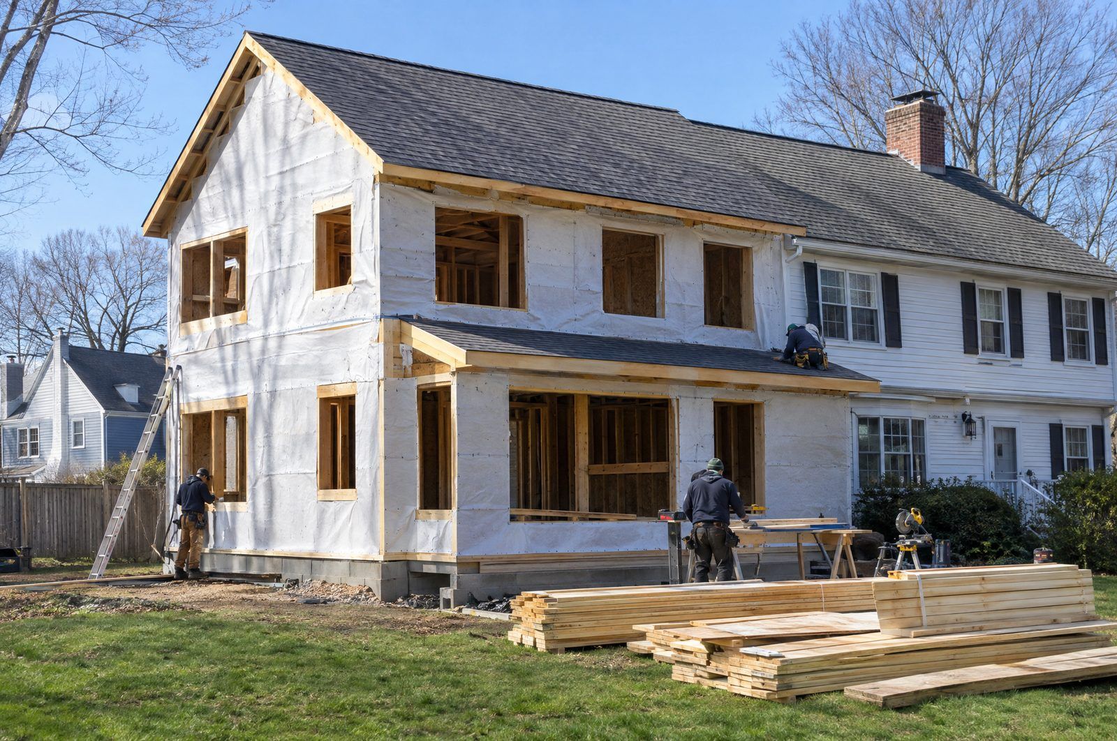 Framed two-story home addition with house wrap attached to an existing colonial
