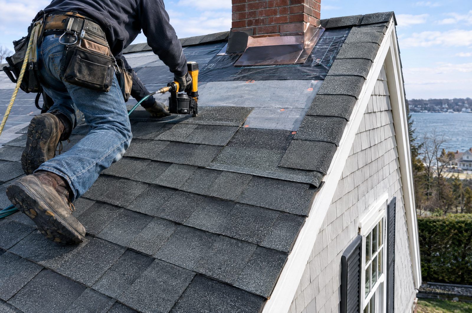 Roofer nailing new architectural asphalt shingles on a steep residential roof