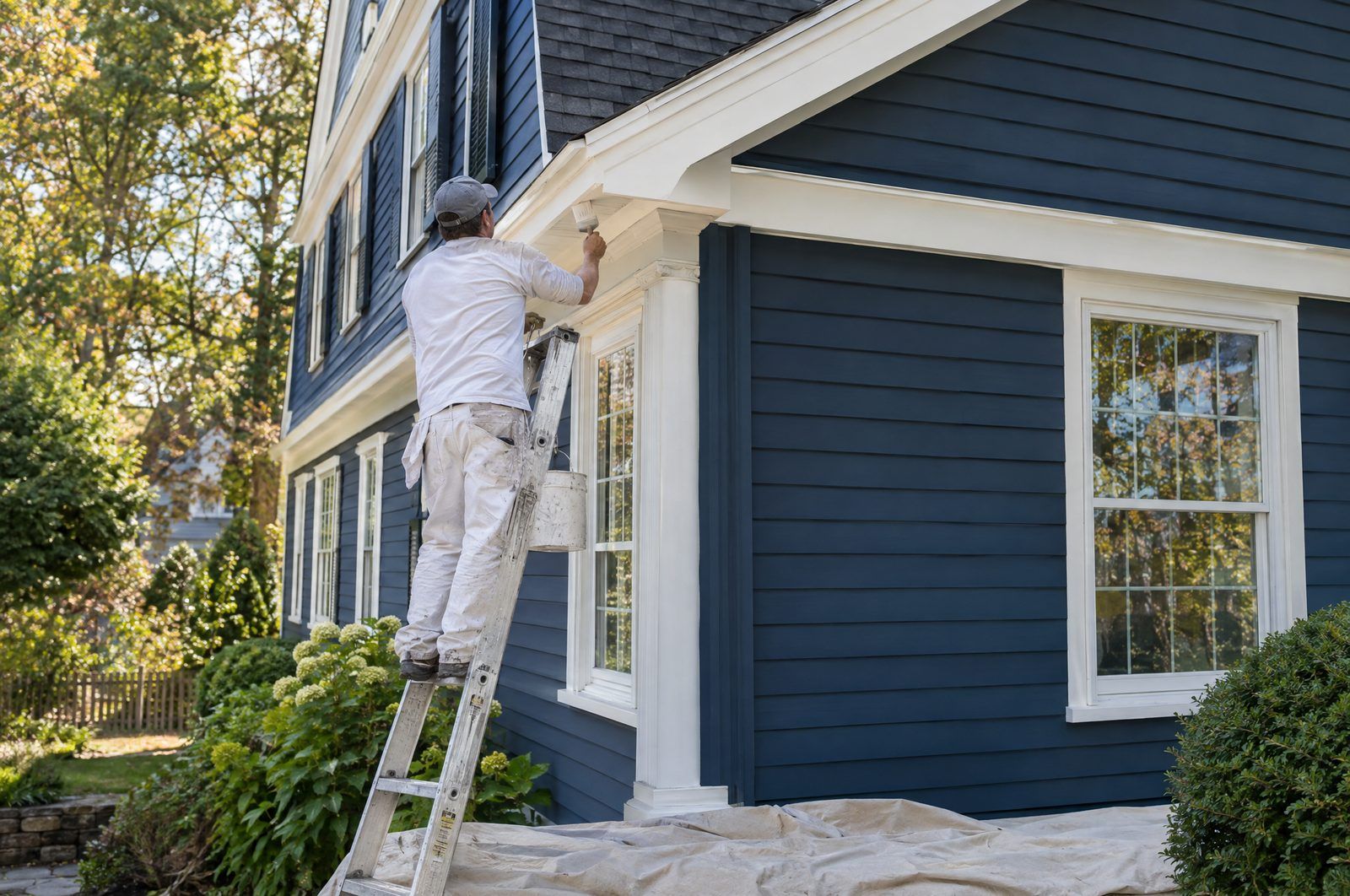 Painter brushing fresh white paint onto soffit and fascia trim of a blue house