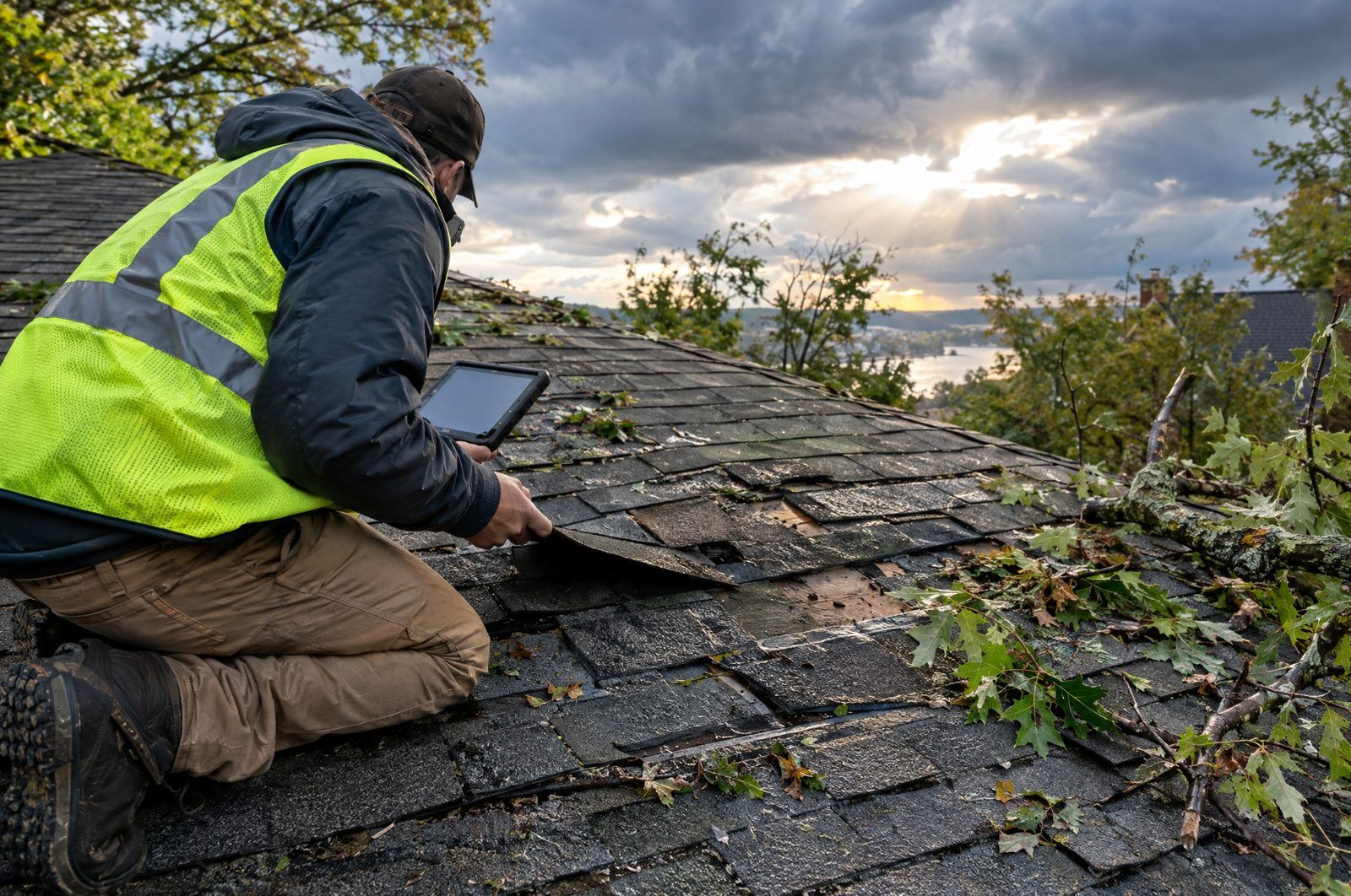 Inspector checking wind-damaged shingles on a roof after a storm